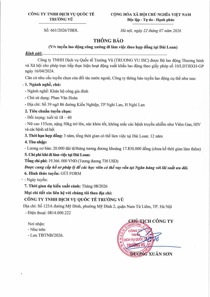 Thông báo tuyển lao động đi làm việc tại thị trường nước ngoài tháng 7 năm 2026