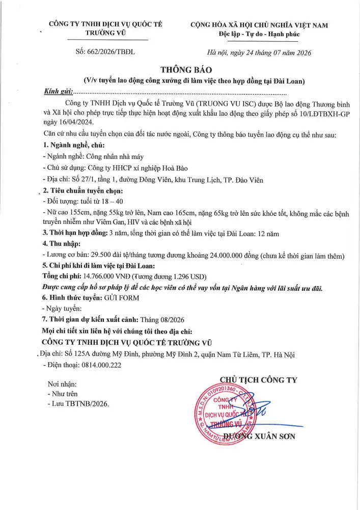 Thông báo tuyển lao động đi làm việc tại thị trường nước ngoài tháng 7 năm 2026
