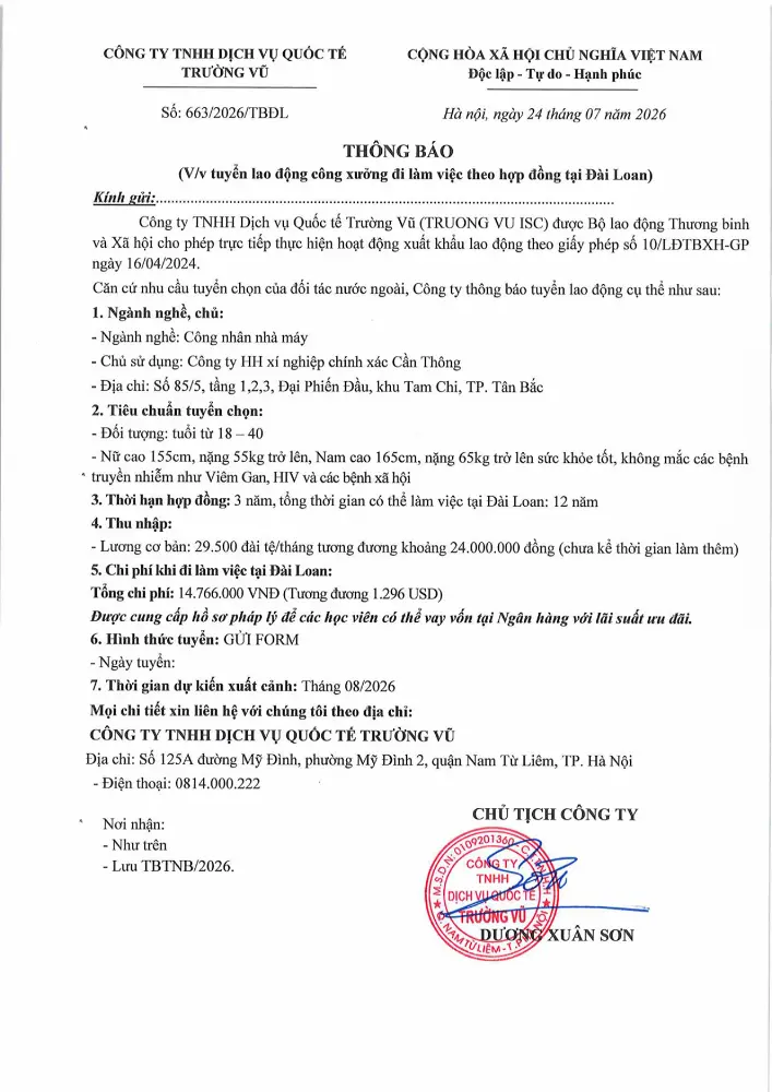 Thông báo tuyển lao động đi làm việc tại thị trường nước ngoài tháng 7 năm 2026