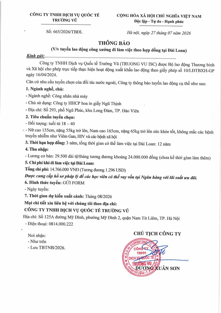 Thông báo tuyển lao động đi làm việc tại thị trường nước ngoài tháng 7 năm 2026