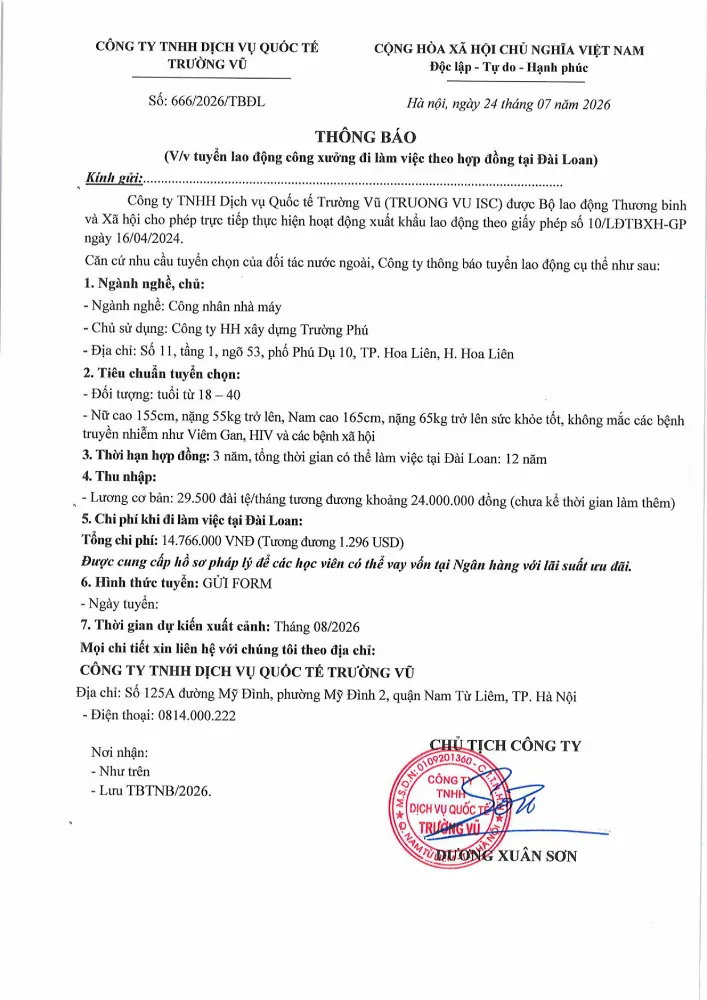 Thông báo tuyển lao động đi làm việc tại thị trường nước ngoài tháng 7 năm 2026