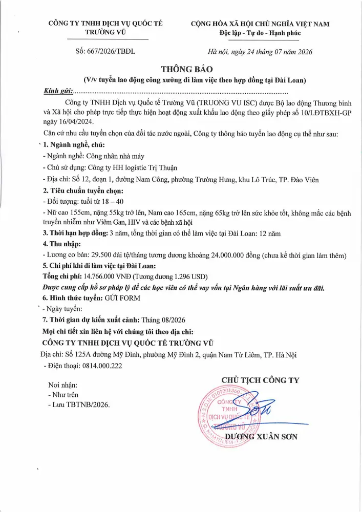 Thông báo tuyển lao động đi làm việc tại thị trường nước ngoài tháng 7 năm 2026