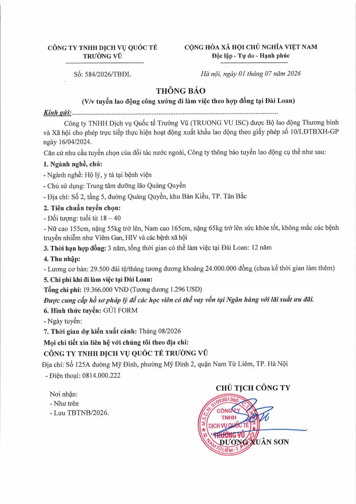 Thông báo tuyển lao động đi làm việc tại thị trường nước ngoài tháng 7 năm 2026