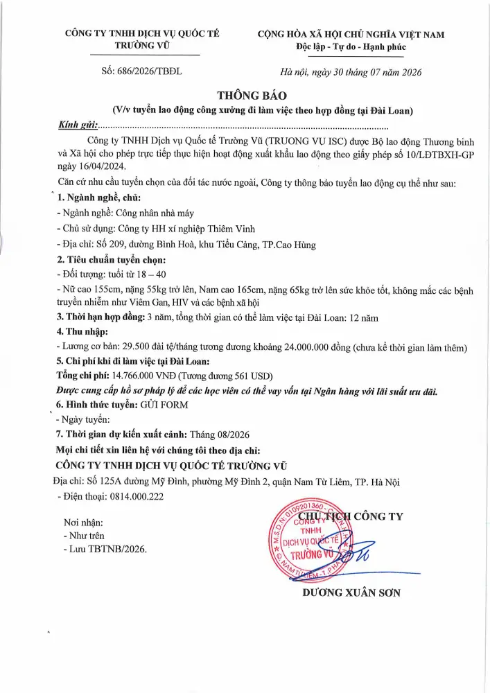 Thông báo tuyển lao động đi làm việc tại thị trường nước ngoài tháng 7 năm 2026