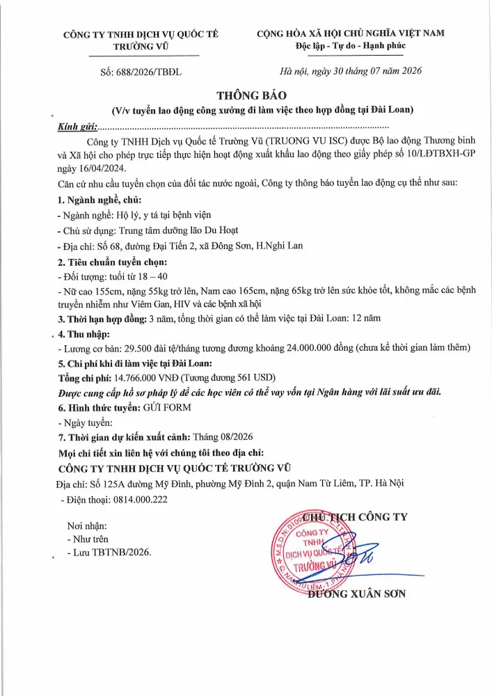 Thông báo tuyển lao động đi làm việc tại thị trường nước ngoài tháng 7 năm 2026