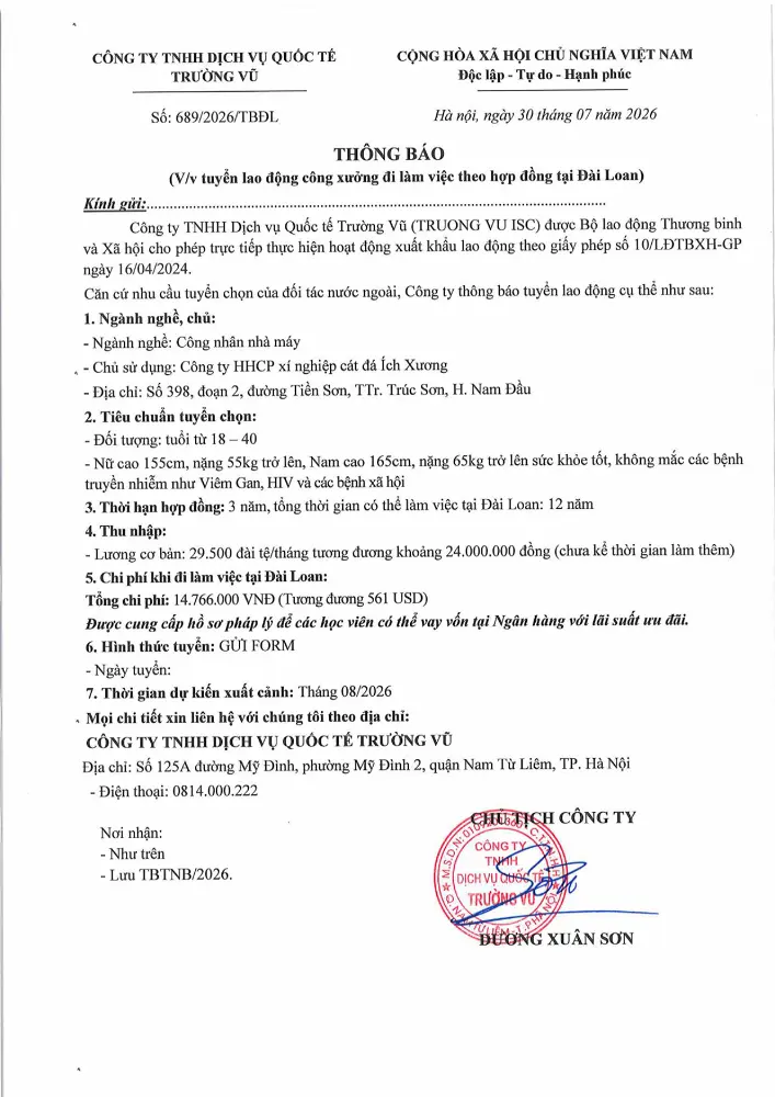 Thông báo tuyển lao động đi làm việc tại thị trường nước ngoài tháng 7 năm 2026