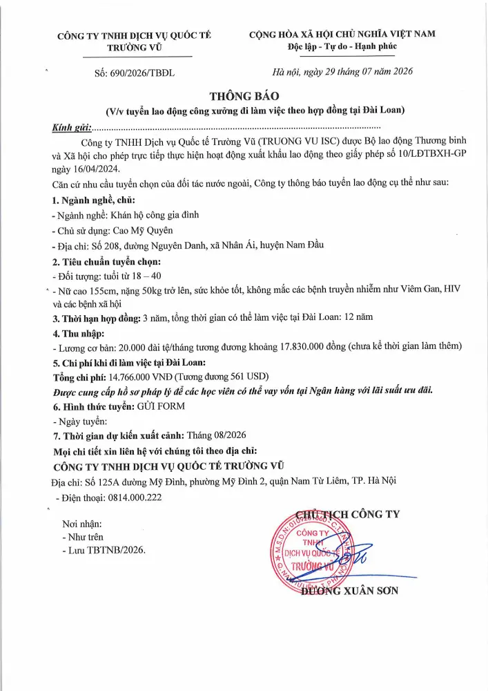 Thông báo tuyển lao động đi làm việc tại thị trường nước ngoài tháng 7 năm 2026