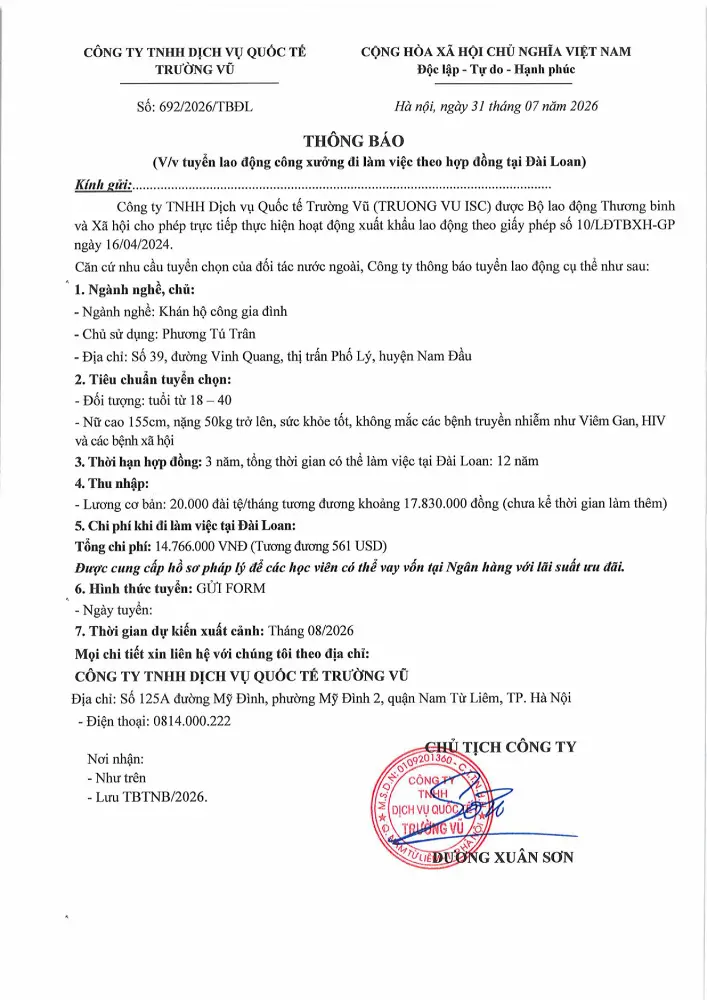 Thông báo tuyển lao động đi làm việc tại thị trường nước ngoài tháng 7 năm 2026