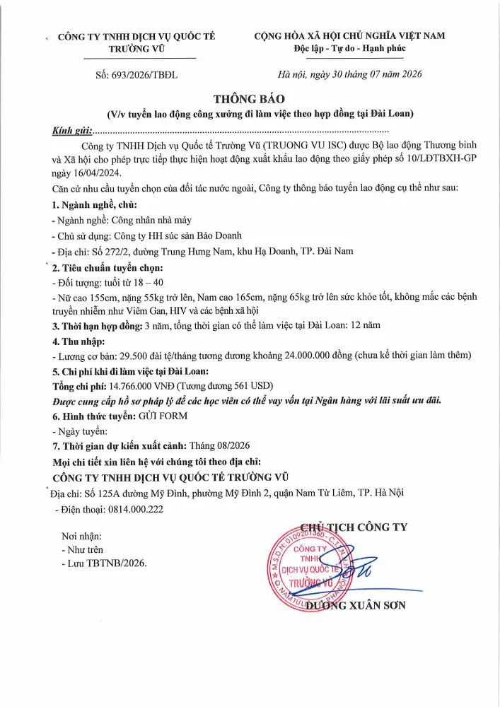 Thông báo tuyển lao động đi làm việc tại thị trường nước ngoài tháng 7 năm 2026