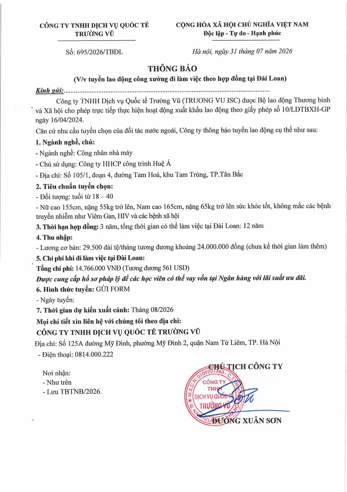 Thông báo tuyển lao động đi làm việc tại thị trường nước ngoài tháng 7 năm 2026