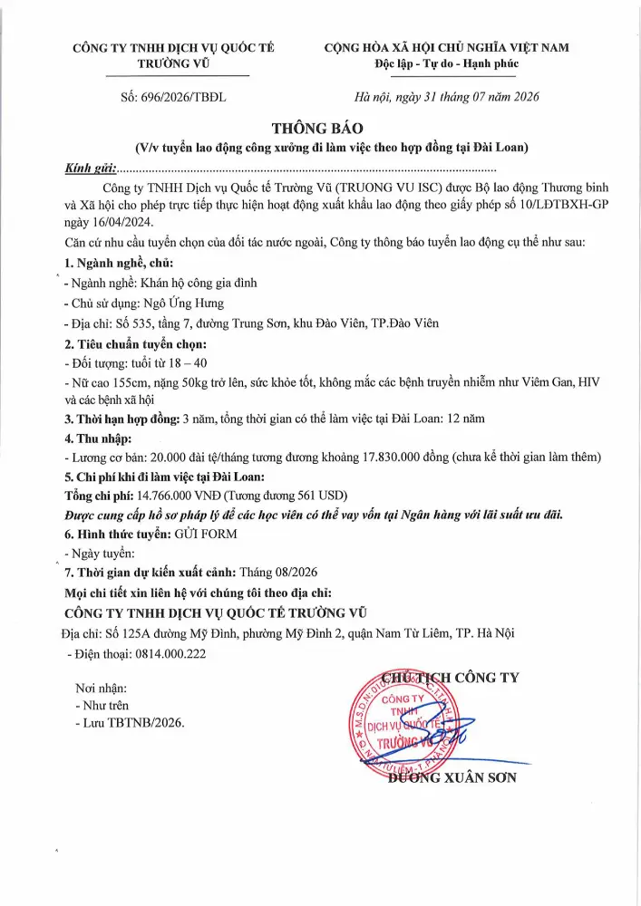 Thông báo tuyển lao động đi làm việc tại thị trường nước ngoài tháng 7 năm 2026