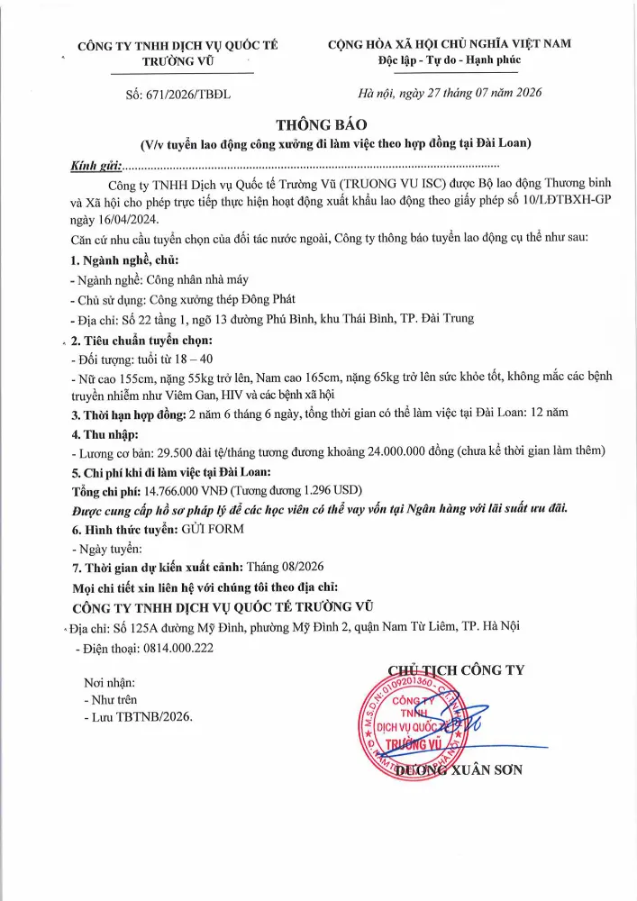 Thông báo tuyển lao động đi làm việc tại thị trường nước ngoài tháng 7 năm 2026
