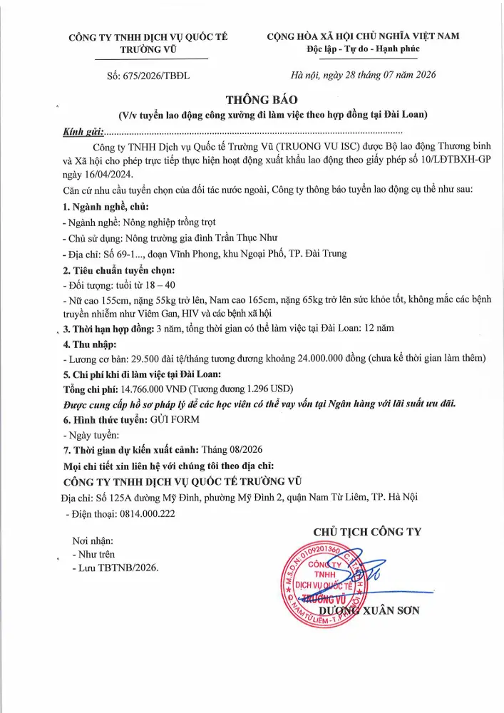 Thông báo tuyển lao động đi làm việc tại thị trường nước ngoài tháng 7 năm 2026