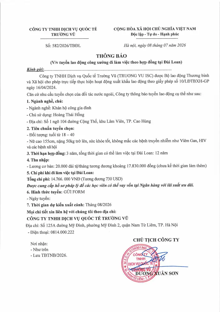Thông báo tuyển lao động đi làm việc tại thị trường nước ngoài tháng 7 năm 2026