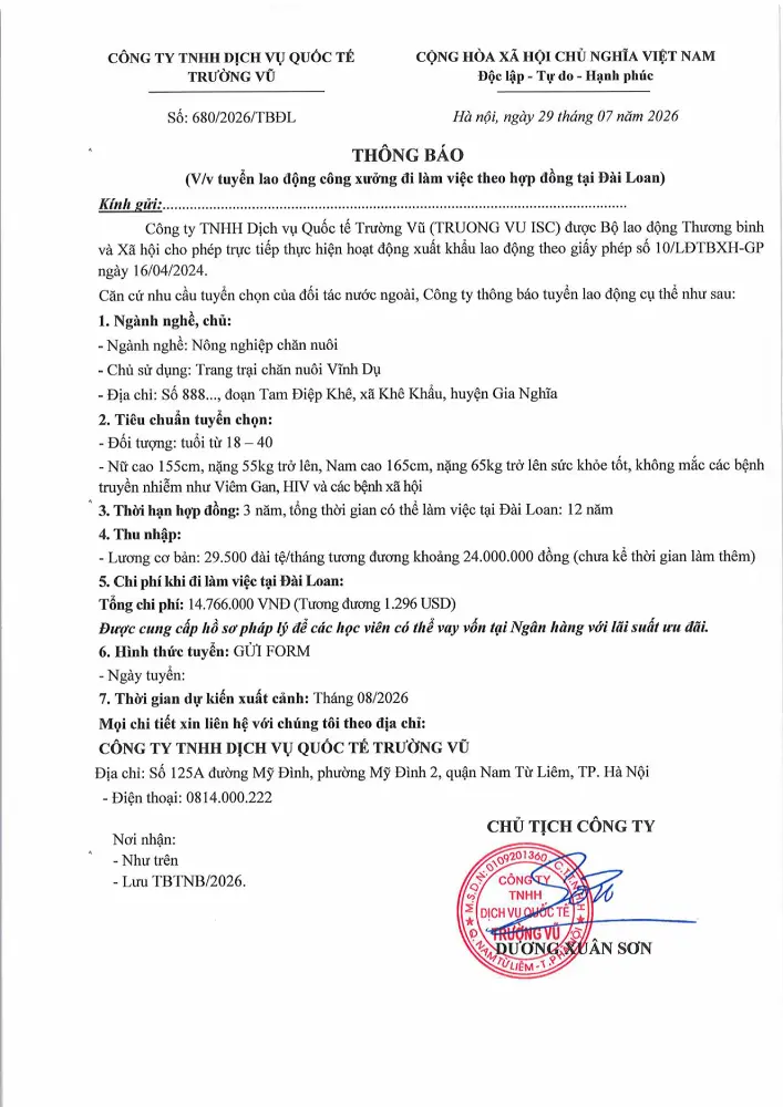 Thông báo tuyển lao động đi làm việc tại thị trường nước ngoài tháng 7 năm 2026