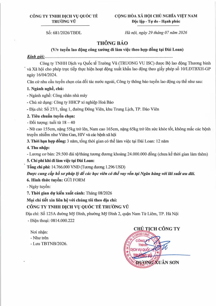 Thông báo tuyển lao động đi làm việc tại thị trường nước ngoài tháng 7 năm 2026
