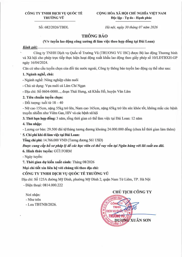 Thông báo tuyển lao động đi làm việc tại thị trường nước ngoài tháng 7 năm 2026