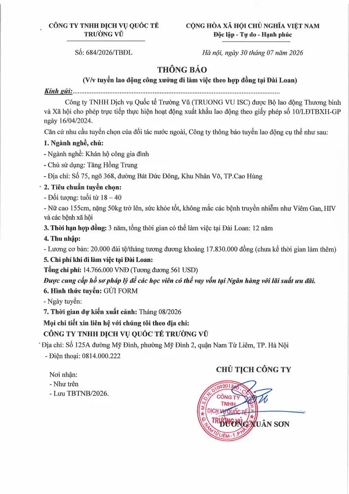 Thông báo tuyển lao động đi làm việc tại thị trường nước ngoài tháng 7 năm 2026