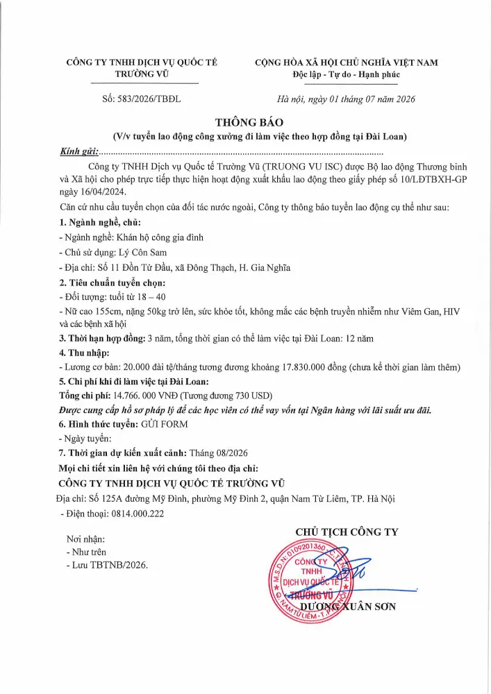 Thông báo tuyển lao động đi làm việc tại thị trường nước ngoài tháng 7 năm 2026