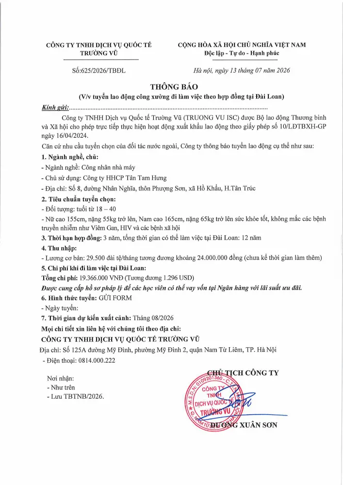 Thông báo tuyển lao động đi làm việc tại thị trường nước ngoài tháng 7 năm 2026