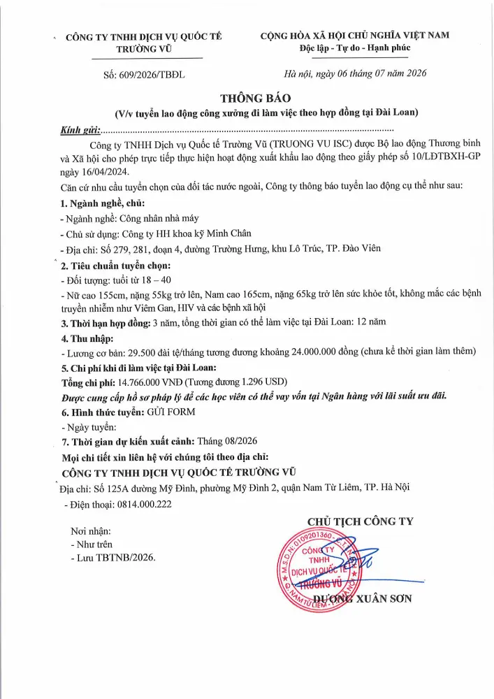 Thông báo tuyển lao động đi làm việc tại thị trường nước ngoài tháng 7 năm 2026
