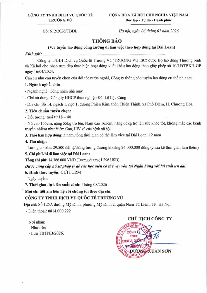 Thông báo tuyển lao động đi làm việc tại thị trường nước ngoài tháng 7 năm 2026