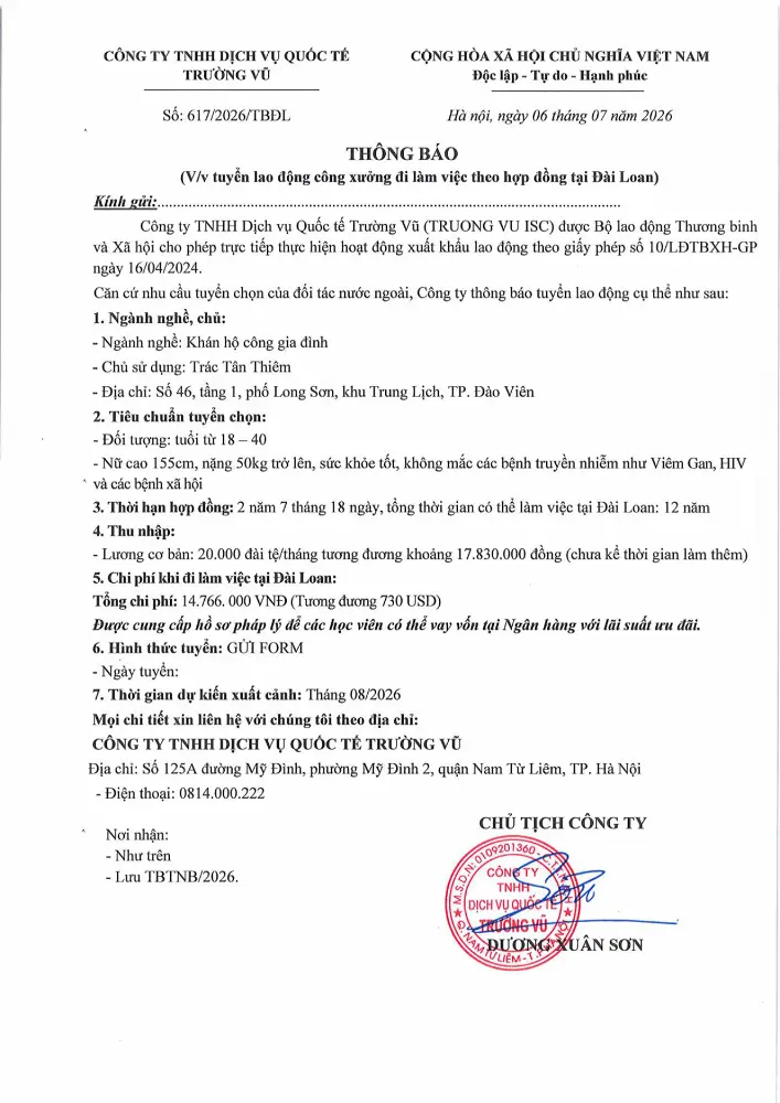 Thông báo tuyển lao động đi làm việc tại thị trường nước ngoài tháng 7 năm 2026