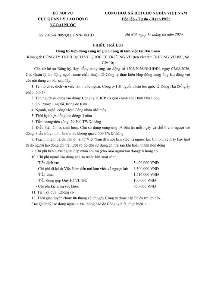 Phiếu trả lời đăng kí hợp đồng cung ứng lao động đi làm việc tại nước ngoài tháng 8 năm 2026
