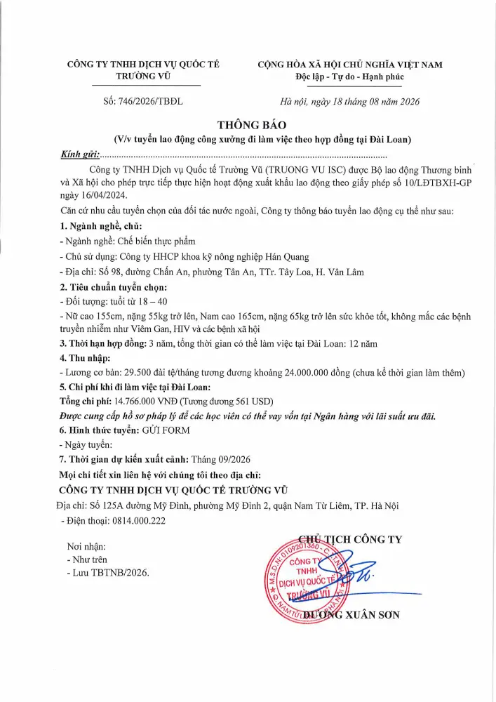 Thông báo tuyển lao động đi làm việc tại thị trường nước ngoài tháng 8 năm 2026