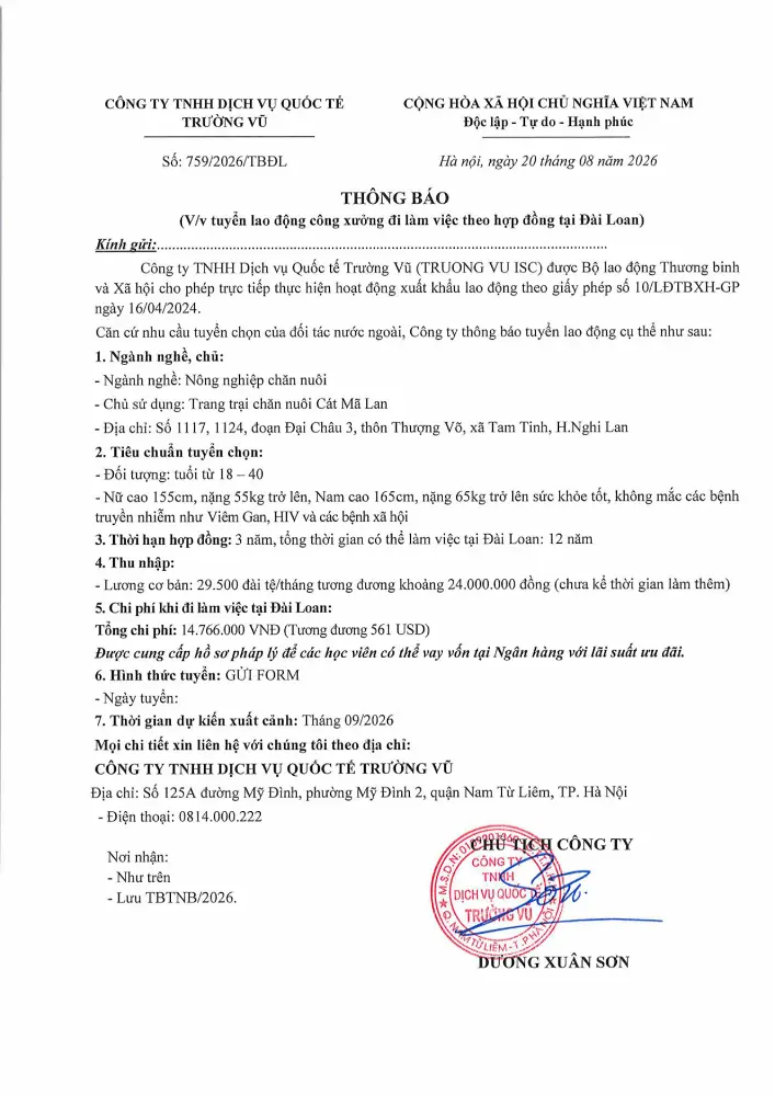 Thông báo tuyển lao động đi làm việc tại thị trường nước ngoài tháng 8 năm 2026