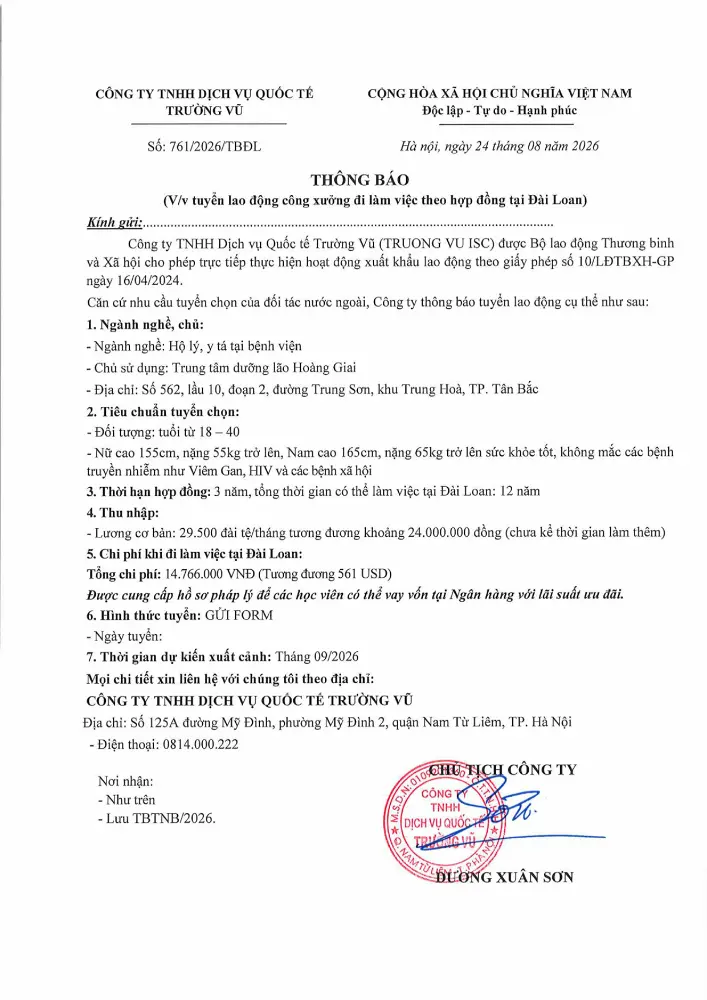 Thông báo tuyển lao động đi làm việc tại thị trường nước ngoài tháng 8 năm 2026