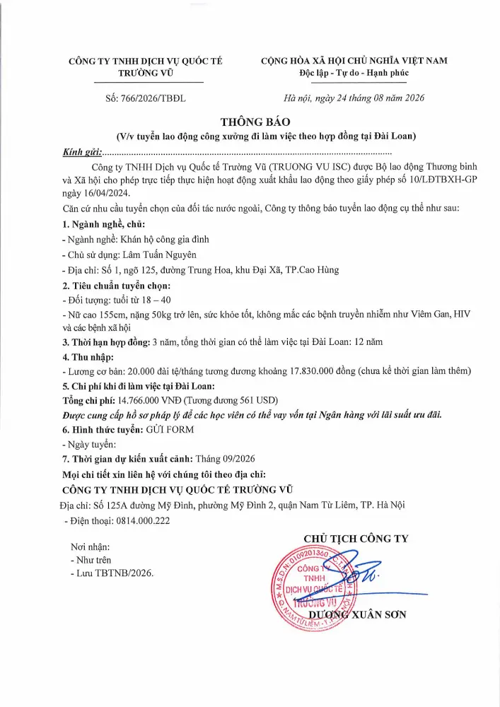 Thông báo tuyển lao động đi làm việc tại thị trường nước ngoài tháng 8 năm 2026