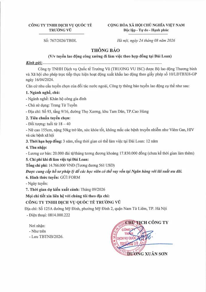 Thông báo tuyển lao động đi làm việc tại thị trường nước ngoài tháng 8 năm 2026