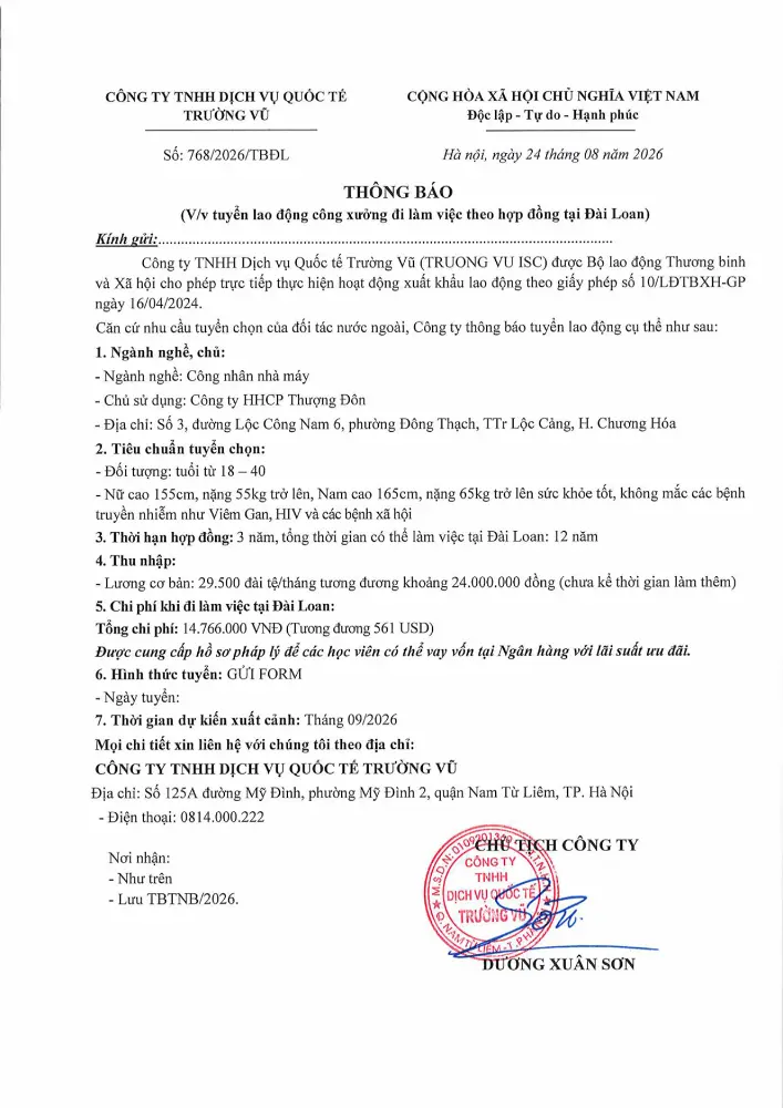 Thông báo tuyển lao động đi làm việc tại thị trường nước ngoài tháng 8 năm 2026