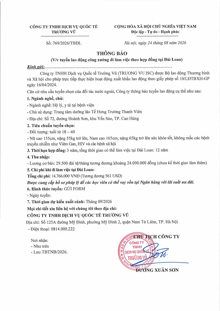 Thông báo tuyển lao động đi làm việc tại thị trường nước ngoài tháng 8 năm 2026