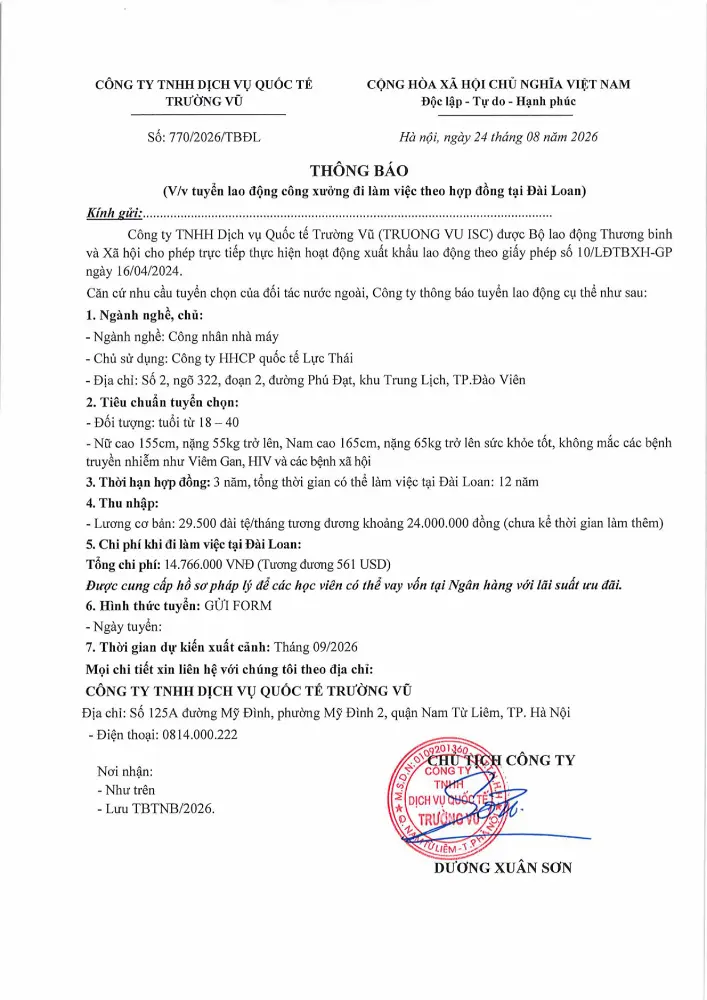 Thông báo tuyển lao động đi làm việc tại thị trường nước ngoài tháng 8 năm 2026