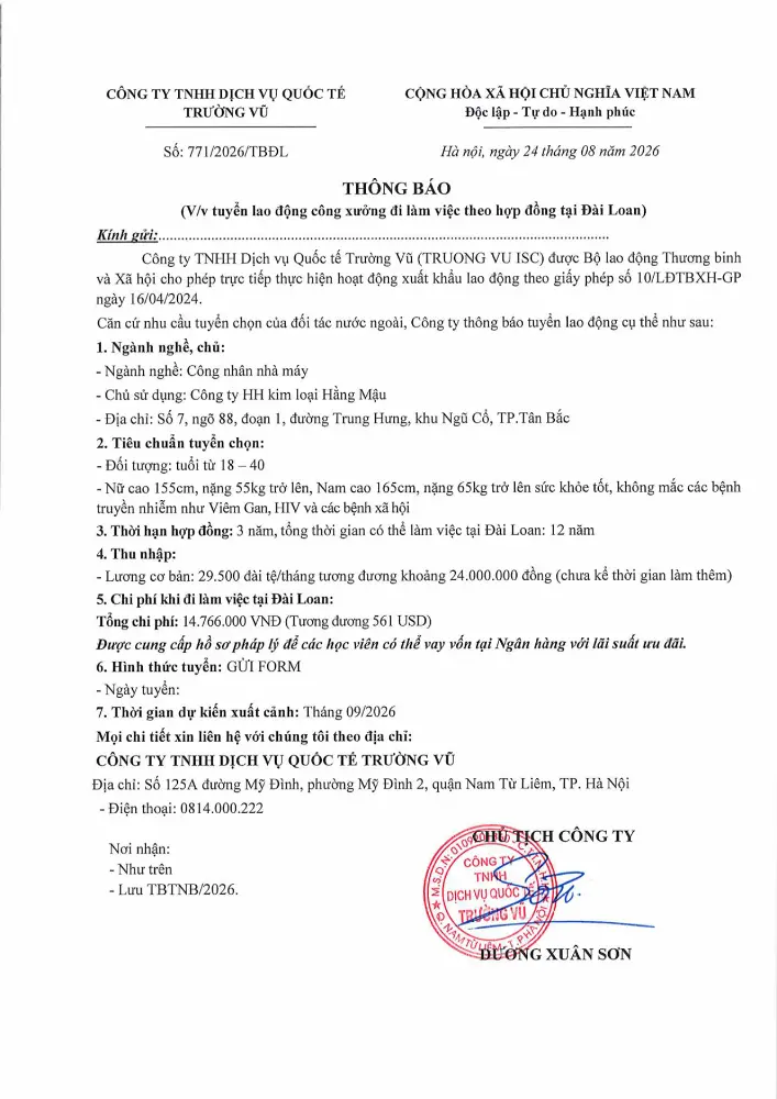 Thông báo tuyển lao động đi làm việc tại thị trường nước ngoài tháng 8 năm 2026