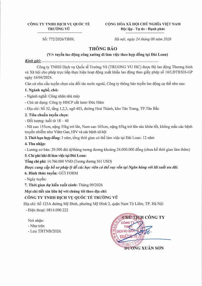 Thông báo tuyển lao động đi làm việc tại thị trường nước ngoài tháng 8 năm 2026