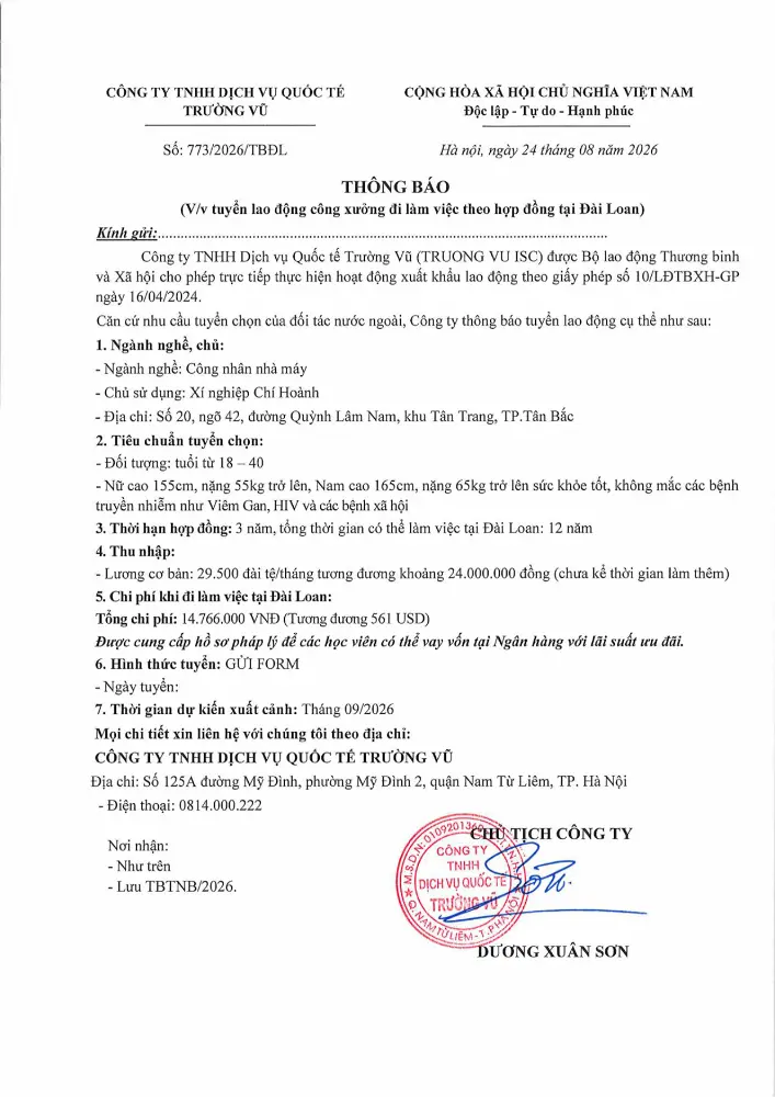 Thông báo tuyển lao động đi làm việc tại thị trường nước ngoài tháng 8 năm 2026
