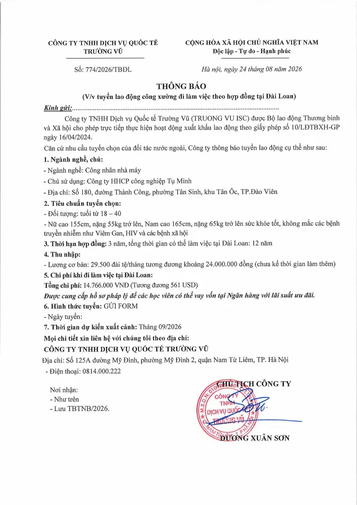 Thông báo tuyển lao động đi làm việc tại thị trường nước ngoài tháng 8 năm 2026