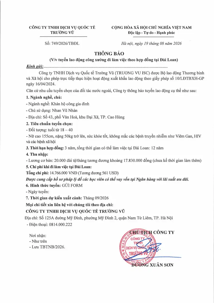Thông báo tuyển lao động đi làm việc tại thị trường nước ngoài tháng 8 năm 2026