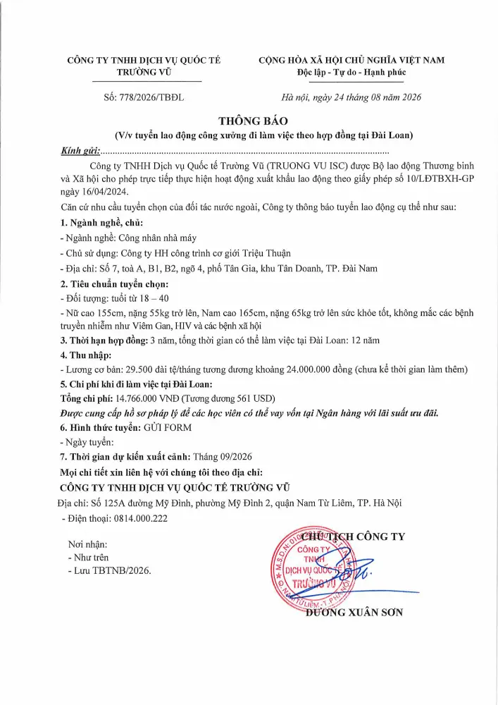 Thông báo tuyển lao động đi làm việc tại thị trường nước ngoài tháng 8 năm 2026