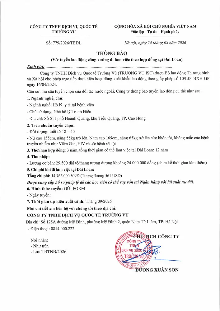 Thông báo tuyển lao động đi làm việc tại thị trường nước ngoài tháng 8 năm 2026