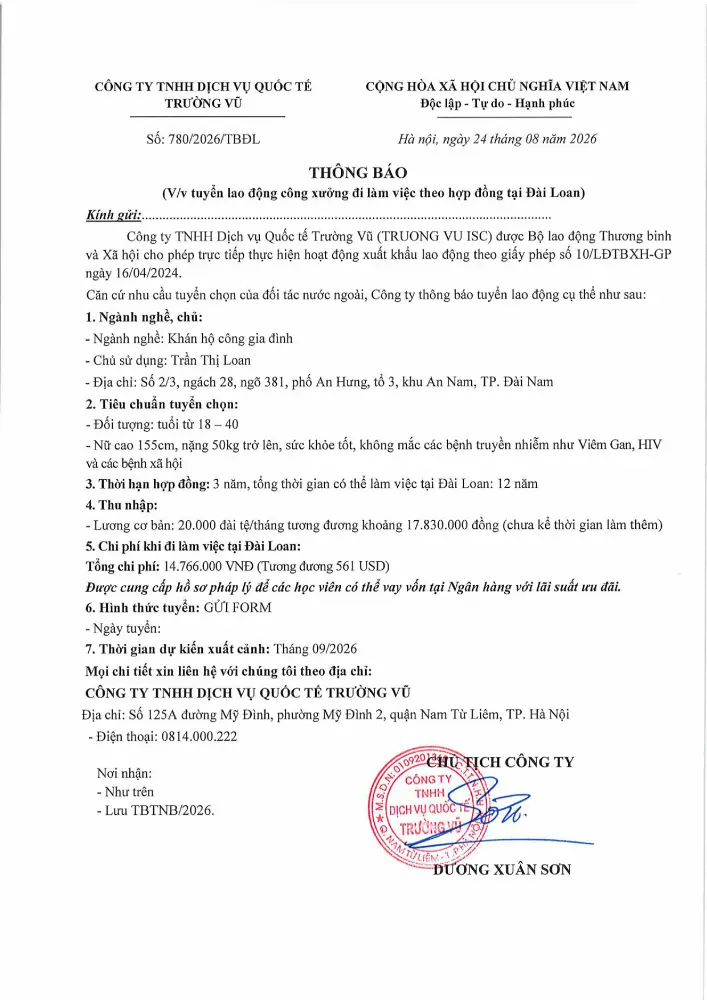 Thông báo tuyển lao động đi làm việc tại thị trường nước ngoài tháng 8 năm 2026