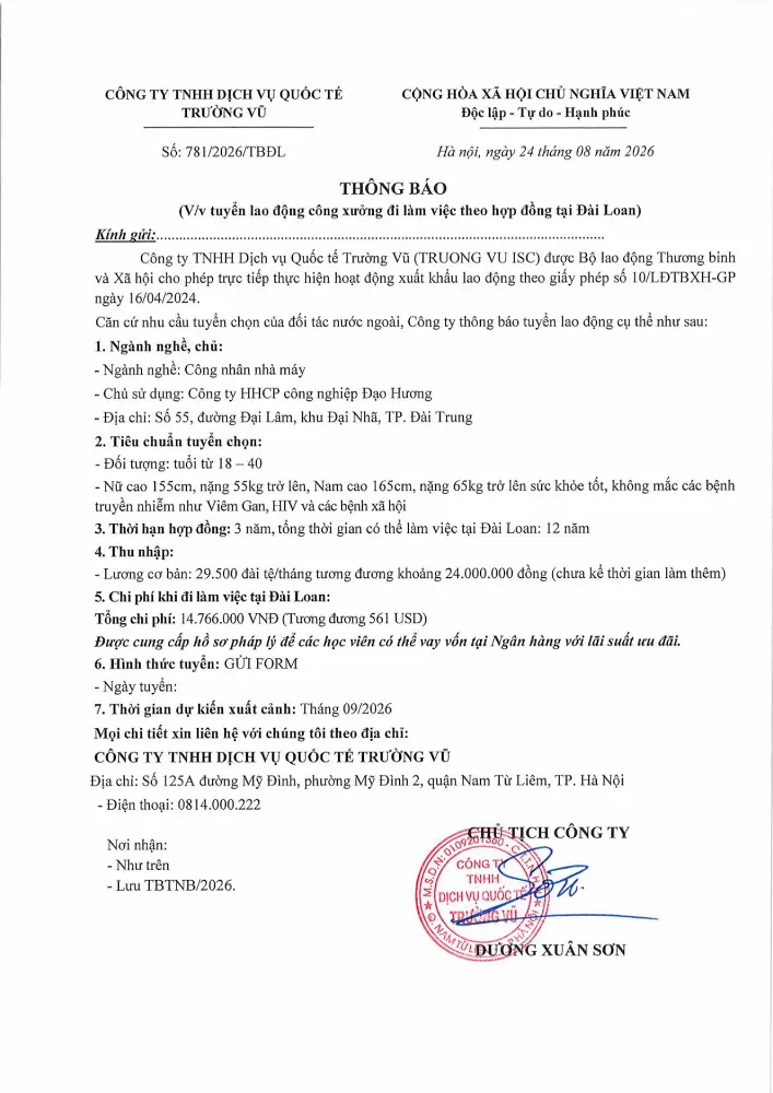 Thông báo tuyển lao động đi làm việc tại thị trường nước ngoài tháng 8 năm 2026