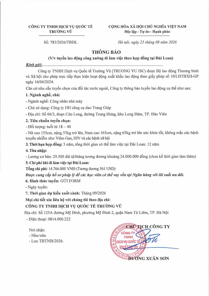 Thông báo tuyển lao động đi làm việc tại thị trường nước ngoài tháng 8 năm 2026