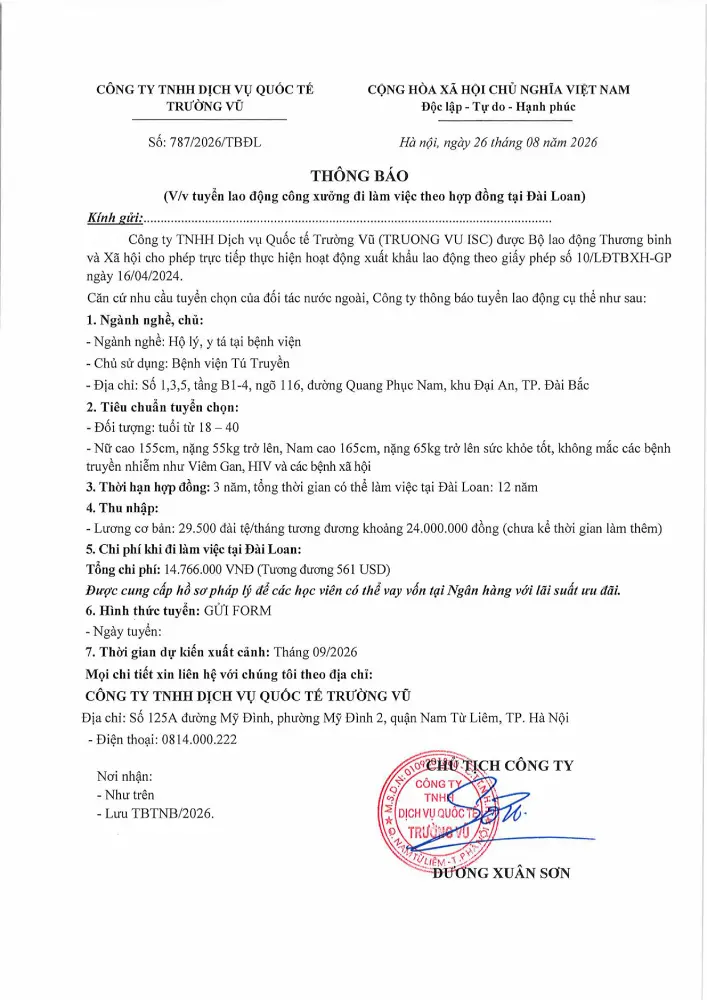 Thông báo tuyển lao động đi làm việc tại thị trường nước ngoài tháng 8 năm 2026