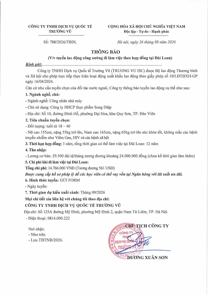 Thông báo tuyển lao động đi làm việc tại thị trường nước ngoài tháng 8 năm 2026