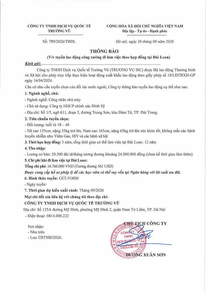 Thông báo tuyển lao động đi làm việc tại thị trường nước ngoài tháng 8 năm 2026