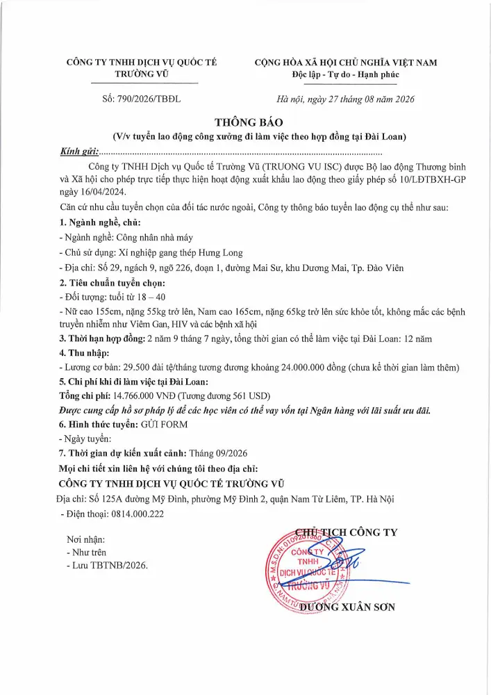 Thông báo tuyển lao động đi làm việc tại thị trường nước ngoài tháng 8 năm 2026